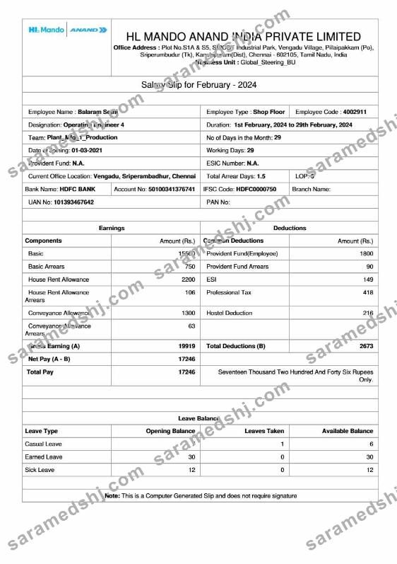 HL Mando Anand India manufacturer salary slip template in Word and PDF formats.pdf, 1